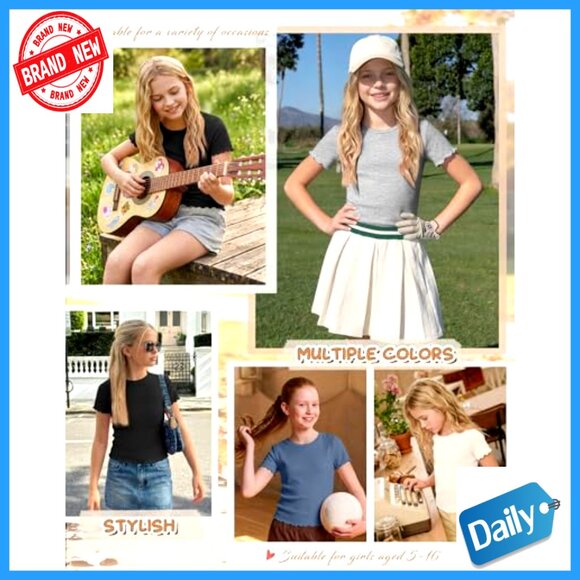 4 Pack Girls Short Sleeve Tees Slim Fit Lettuce Trim Crewneck Summer Tops - Picture 2 of 6